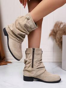 2025 Western Ruched Ankle Boots For Women, Autumn/Winter Vintage Cowboy Riding Boots With Buckle, Holiday Style - Màu be - Xem 4