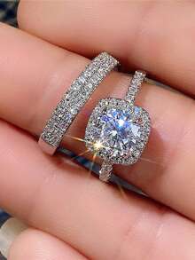 2pcs/Set Fashion Ring Full Diamond Zirconia Jewelry, European And American Micro Set High Carbon Diamond Set Combination Ring