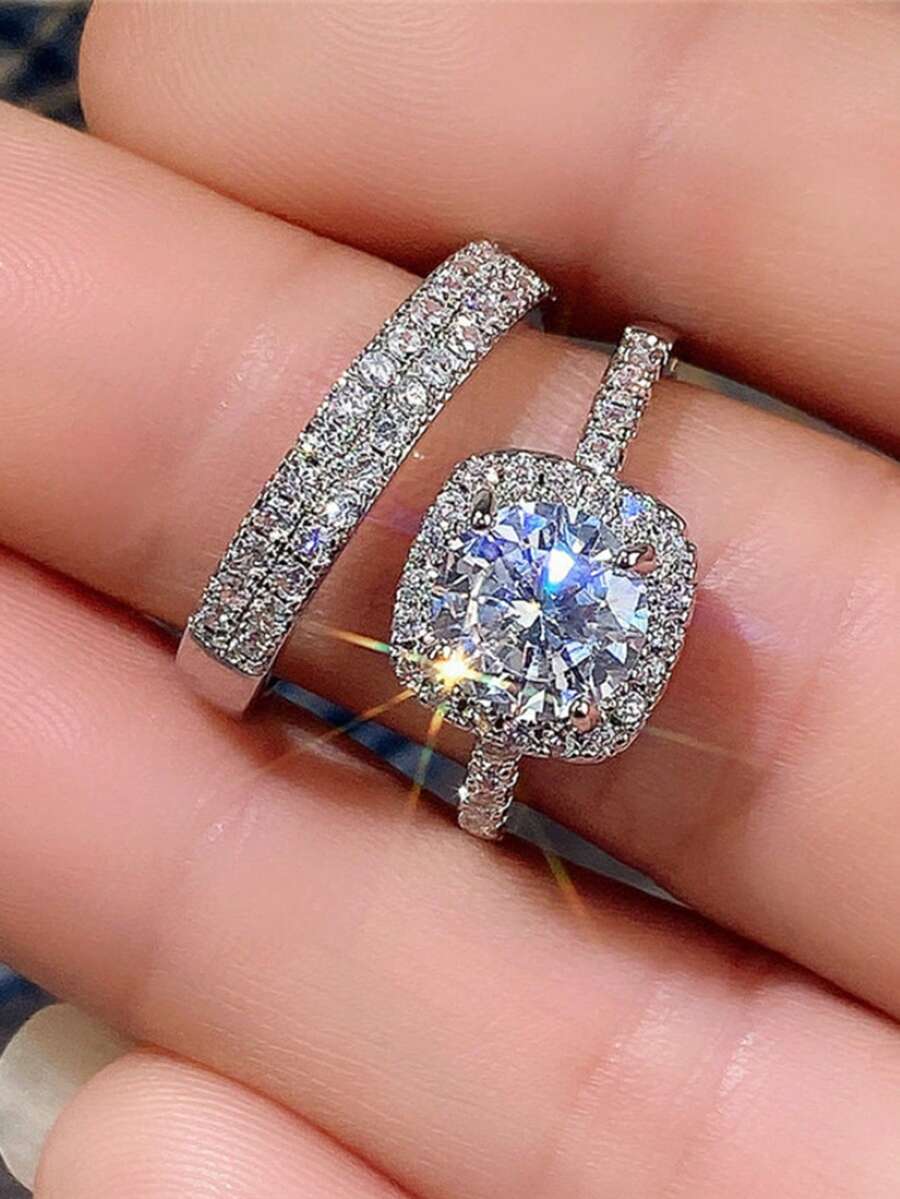 2pcs/Set Fashion Ring Full Diamond Zirconia Jewelry, European And American Micro Set High Carbon Diamond Set Combination Ring