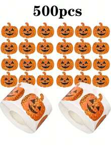500 张/卷全息南瓜贴纸，可重复使用的橙色闪光贴纸，适用于万圣节派对装饰，适用于工艺品、剪贴簿、信封和礼品，耐用粘合剂 - 适用于笔记本电脑、信封、杯子、剪贴簿、派对 - 非常适合用作礼物和装饰品！
