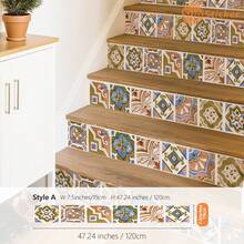6/6.5/7/7.5/8 X 47.24 Inch, 1 Roll (4 Pcs) Colorful Vintage Moroccan-Style Geometric Print Stair Decal Self-Adhesive, Wear-Resistant Vinilo Peel-And-Stick, Removable Ideal For Stair Risers, Wardrobe Surfaces, Drawer Exteriors, Balcony Steps, And More Perfect For Home Decor Makeovers And Renovations Wall Decor Room Decor Wall Stickers Wall Sticker Stickers
