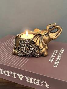 1 pieza Soporte de vela de elefante vintage dorado - Figura decorativa esculpida en posición sentada o acostada, soporte de luz de té para dormitorio, sala de estar, regalo de graduación o inauguración de la casa - Multicolor - Ver 5