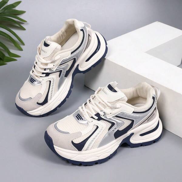 [Lucky Step - Platform Sneakers] Women's Thick Platform Sneakers - Cushioned Running Shoes With Breathable Mesh Upper, Non-Slip PVC Sole - All-Season Gym, Walking, Everyday Shoes - Lace-Up Closure - Grey/White Colorway - PU Synthetic & Mesh Construction, Ladies Sneakers, Gym Footwear, Sleek Shoe Design, Comfortable Fit, Walking Footwear, Sporty Design, Durable Construction, Fitness Enthusiasts