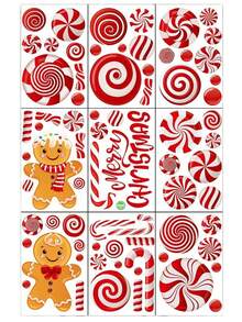 Weihnachts-Lebkuchenmann Zuckerstange Fröhliche Weihnachten Muster Statische Abziehbilder, einfach anzubringen und ohne Kleber zu entfernen, geeignet für Einkaufszentren, Büros, Wohnzimmer, Esszimmer, Schlafzimmer, glatte Glasoberflächen