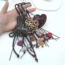 1 pièce Porte-clés pendentif en forme de cœur imprimé léopard en PU 3D, cordon de téléphone mignon, porte-clés, accessoire DIY pour portefeuille - Argent - Voir 1