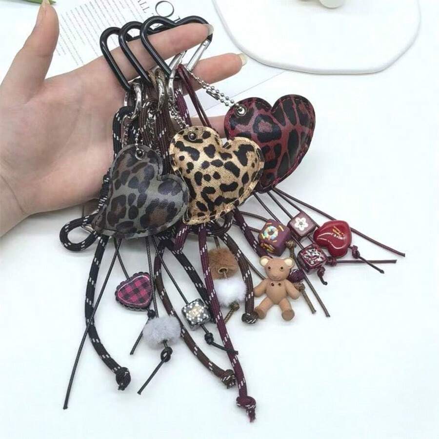 1 pièce Porte-clés pendentif en forme de cœur imprimé léopard en PU 3D, cordon de téléphone mignon, porte-clés, accessoire DIY pour portefeuille - Argent - Voir 1