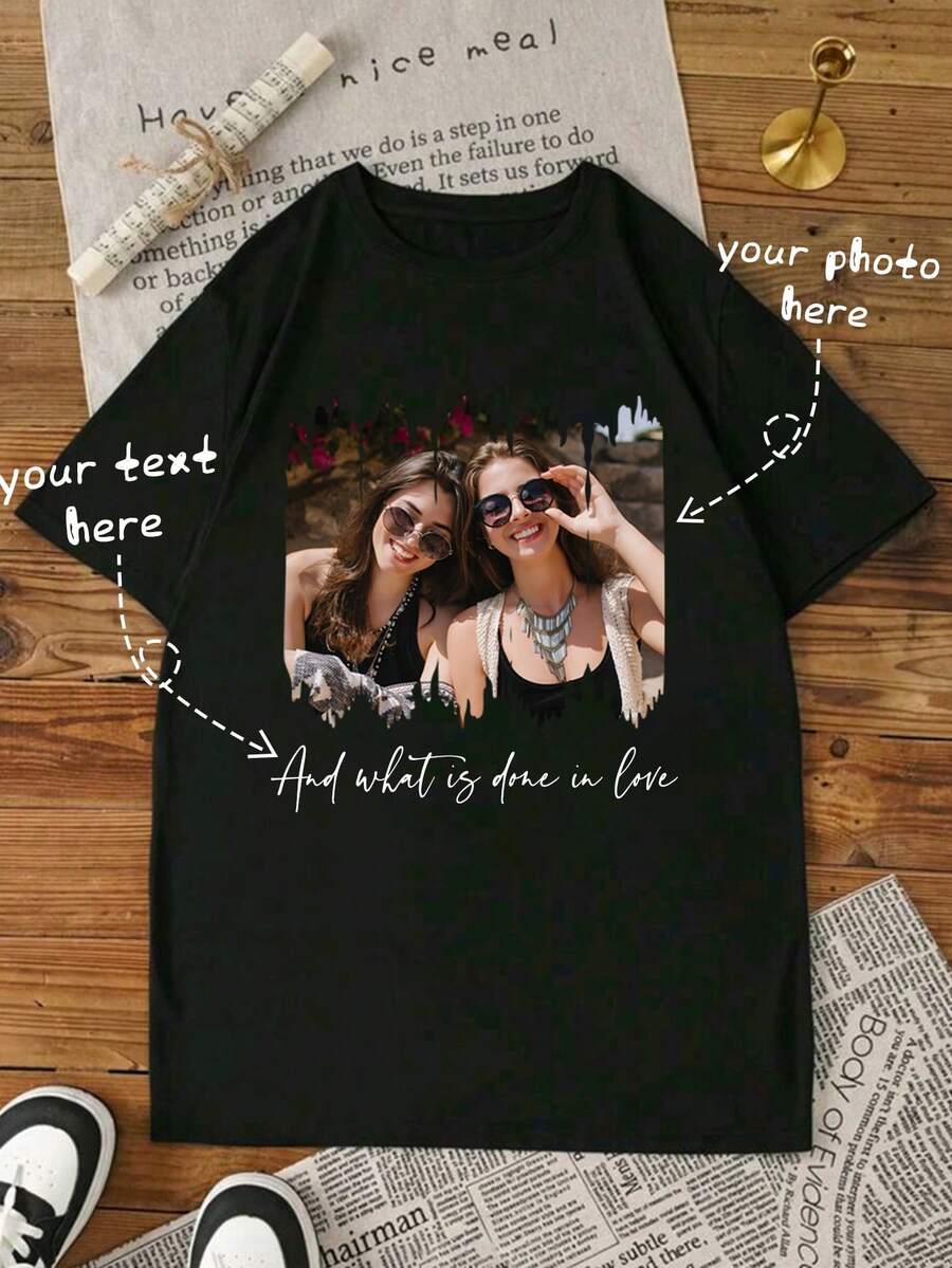 Maßgeschneidertes Damen Große Größen T-Shirt, Team Building Benutzerdefiniert, Laden Sie Ihr Foto/PNG/Gruppenfoto hoch, Damen Große Größen Rundhals Loose Sporty T-Shirt, Bedrucktes Damen T-Shirt, Damen Schwarzes Top, Halloween Geschenk, Weihnachten, Herbst Top, Valentinstag Geschenk, Geburtstags Geschenk, Geschenk für beste Freundin, Herbst Damen Top, Bestie Benutzerdefiniert, Damen Große Größen Einfarbiges Schwarzes Top - Schwarz - Übersicht 1