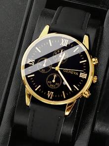 4pcs/Set Men's Business Casual Watch With Calendar, PU Leather & Alloy Strap, Gold/Silver Case, Suitable For Daily, Business, Birthday Party, Travel, Running