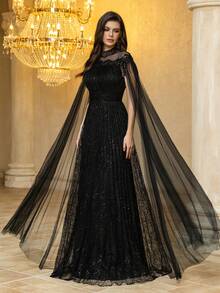 UNITHORSE [Random Print] Women's Stand Collar Fringe Sleeve Fitted Evening Dress Wedding - Black - View 7