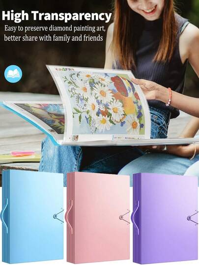 A3 Diamond Painting Storage Book - 30 Pages Can Store 60 Pages Of Art Works, Diamond Painting Accessories Diamond Storage Display Book, Diamond Painting Portfolio Folder, Storage Album With Transparent Pockets And Craft Supplies, Pink/Purple/Blue Optional