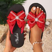 Sandalias de verano con lazo de encaje de moda, con decoración de punta abierta, elementos glamorosos de perlas, regalo perfecto para mujeres y niñas