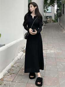 女士休闲日常通勤简约纯色半扣前腰收腰长裙，春秋季