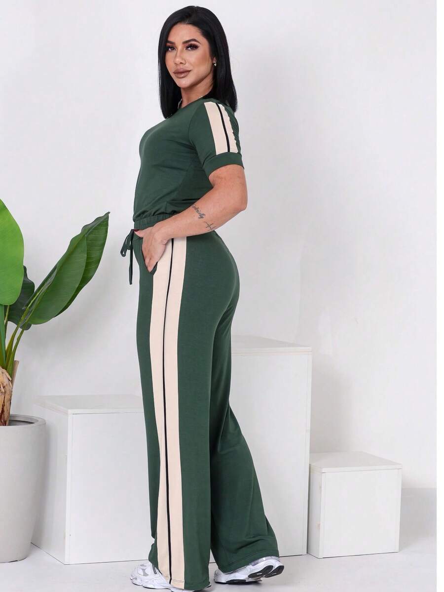 Women's Casual Set, Pants, Top With Side Stripe, Elegant Color Block, Casual, Elegant, Side Stripe, Pocket, Button, Beach, Evening, Holiday - 軍綠色 - 查看 1