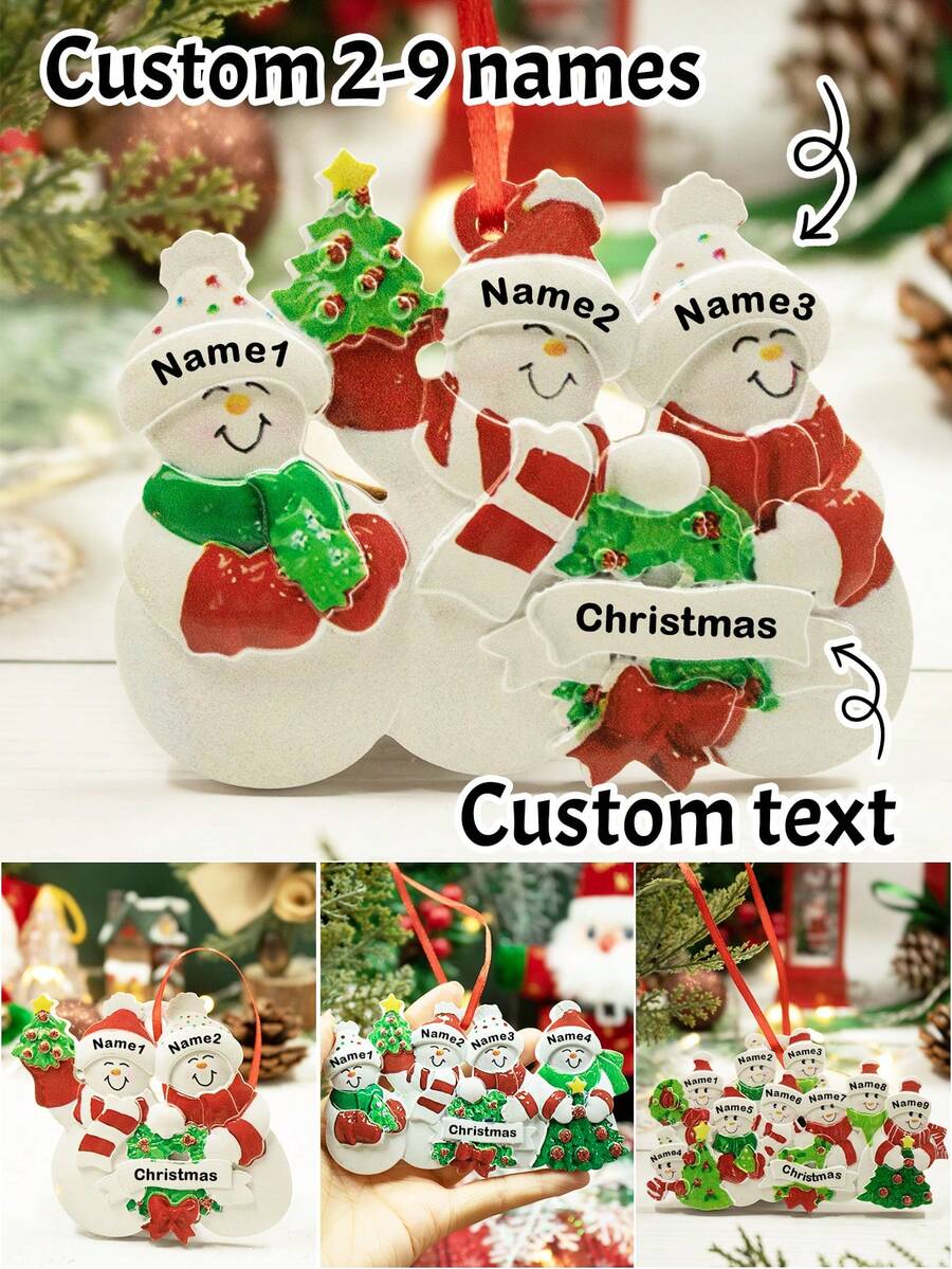 Custom Christmas Decorations, Personalized Christmas Tree Decorations, Customized 2-9 Names Ornaments, Customizable Text Christmas Decorations, Diy Ornaments, Christmas, Living Room Decor, Outdoor, Garden, Snowman Family Pendant, Kids Souvenir, Room Decor, Mom, Dad, Family