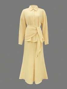 3pcs Women's Elegant Solid Color Shirt + Skirt Set, Front Button Closure, Suitable For Vacation, Office, Daily Wear, Spring/Autumn - Yellow - View 8