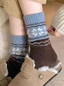 4 双复古北欧雪花图案中筒袜，女式学院风长筒袜，黑/白/灰色简约百搭，随机搭配 - 彩色 - 查看 6