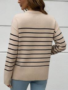 Striped Design Crew Neck Sweater - Khaki - View 2