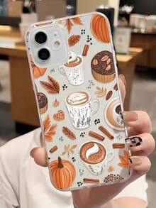 1pc Fashionable Autumn Pumpkin & Leaf Painting Pattern Transparent Soft TPU Phone Case, Anti-Scratch Anti-Fingerprint Protective Cover Compatible With Apple, Nothing, Pixel, INFINIX, Redmi