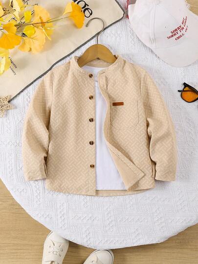 Boys' Solid Color Long Sleeve Shirt, Jacquard Fabric, Stand Collar Button Design With Chest Pocket, Suitable For Casual Daily Wear And Party Events In Spring And Autumn