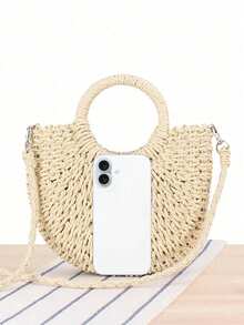 1 Stück Halbmond-Handtasche, einfacher Stil, Halbkreis Strohbeutel, handgewebter Strandtasche, modischer Strandurlaubs-Strohtasche, Urlaubstasche für Frauen, Urlaubstasche für den Sommer, perfekt für Strandurlaub, Reisen, Einkaufen und Urlaubsutensilien
