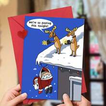 1pc Humorous Holiday Greeting Card - Cartoon Reindeer Selfie Festive Santa Design - Christmas Card For Family Friends Colleagues - Suitable For All Recipients, Holiday Cards, Granddaughter Christmas Card, Neighbor Christmas Cards, Premium Cardstock