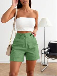 Sily Moda Women's Shorts In Viscose Linen With Fake Lapena Pocket, Minimalist Elegance / Has Lining - 綠色的 - 查看 2