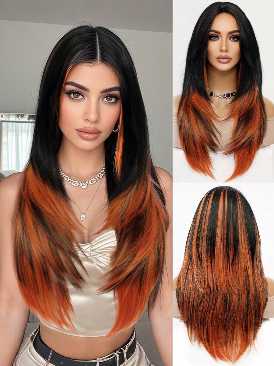 Fashion Black Highlight Orange Long Straight Wig 26 Inch Middle Parted Style Halloween Christmas Wig Realistic Natural Easy Care Heat Resistant Synthetic Fiber Wig Women Daily Wear Party Wig Cosplay Costume Wig Music Festival Performance Versatile Style Suitable For All Races - 挑染棕色 - 查看 1