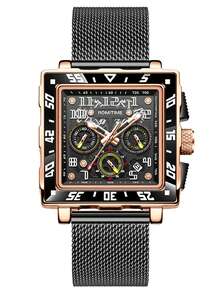 GUANQIN 1 buc ceas luminos impermeabil pentru bărbați, cu calendar cronograf, cadran pătrat multifuncțional, curea din oțel inoxidabil rezistentă la uzură, curea din plasă Milan, modă business, lux sportiv, clasic, simplu, casual, stil mecanic, ceas cu cuarț automat pentru bărbați, potrivit pentru Ziua Îndrăgostiților, festivaluri, întâlniri, afaceri, cadouri