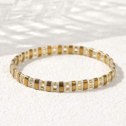 1pc Elegant Bohemian Style TILA Beaded Bracelet, Gold TILA Bead Bracelet, Gold & Pink TILA Bracelet, Elastic Beach TILA Bracelet, Waterproof, Sweat-Resistant, Fade-Resistant, Suitable For Daily Commute, Party Matching, Can Be Used As Family/Friend/Beach Gift