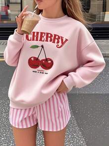 1 件女童休闲樱桃印花圆领运动衫，秋冬厚长袖学生套头衫 - 粉色 - 查看 2