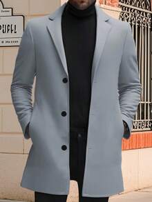 Men's Wool Pea Coat Solid Color Lapel Collar Single Breasted Jacket Warm Mid Length Winter Trench Coat - Grey - View 3