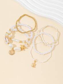 7pcs/Set Rice Bead, Pearl, Alloy Starfish Decor Multi-Layer Bracelet For Women