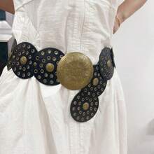 1pc Women Y2K Style Round Metal Hollow Waist Belt, Wide Cut, American Retro Subculture Street Fashion Chain Belt, Bohemian Circle Waist Belt For Dress, Suitable For Women's Party, Daily Wear, Christmas, Thanksgiving Gift, Plus Size Summer, School