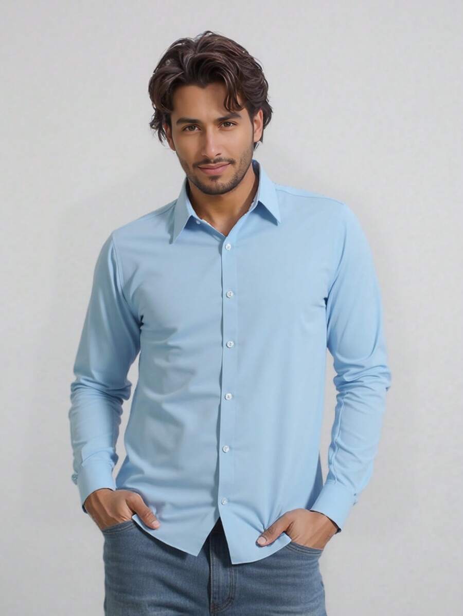 Rand paul Men's Slim Fit Long Sleeve Casual Elegant Microelastic Dress Shirt - 藍色 - 查看 1