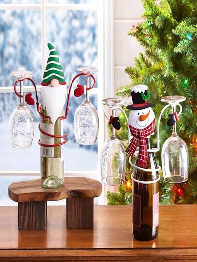A Set Of Christmas Wine Bottles And Glass Racks - Decorative Santa Claus And Snowman Wine Racks, Festive Tabletop Displays, Festive Catering Decorations, Full Of Atmosphere