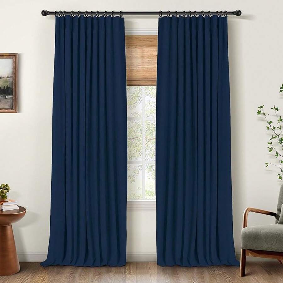 % Blackout Curtains Bedroom, 84 Inch Long Blackout Curtains, Clip Rings Linen Drapes, Thermal Insulated Room Darkening Living Room, 2 Panels - Beige, W50xL84, Bedroom Decor - 午夜藍 - 查看 1