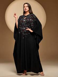 Women's Elegant Rhinestone Embellished Dropped Shoulder Dress With Stand Collar