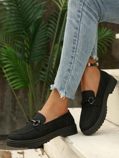 Women's Autumn/Winter New Comfortable Thick Sole Casual Daily Commute Black PU Versatile Flats, Fashionable School Style Slip-On Decorated Button Loafers, Mary Jane Student Shoes
