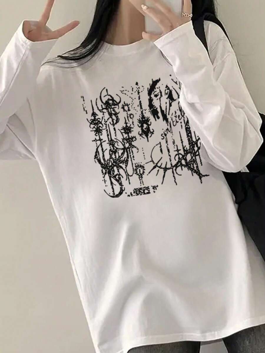 Pure Cotton American Casual, Lazy Style, All-Match, Solid Color, Mid-Length, Round Neck, Loose Top, Long Sleeve T-Shirt, Women's