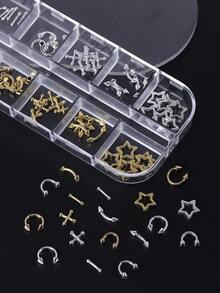 金银朋克Y2K美甲饰品合金装饰12格金属星十字尖锥穿孔金属美甲配件DIY沙龙美甲用品 - 彩色 - 查看 4