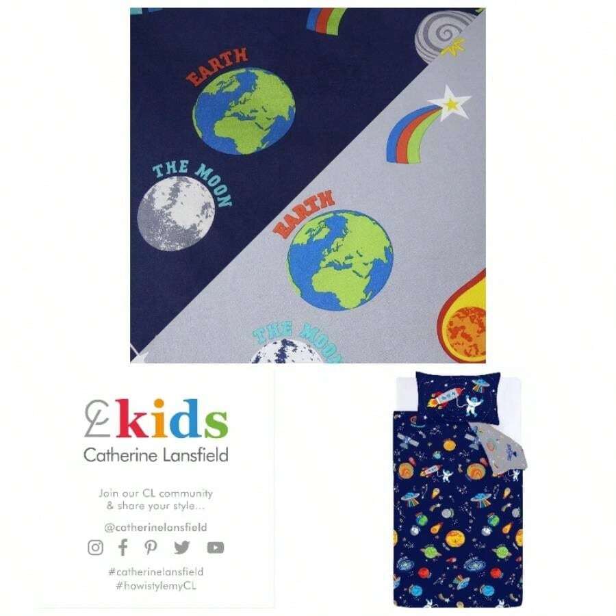 Reversible Single Duvet Cover Set With Pillowcase Blue - Junior - View 1
