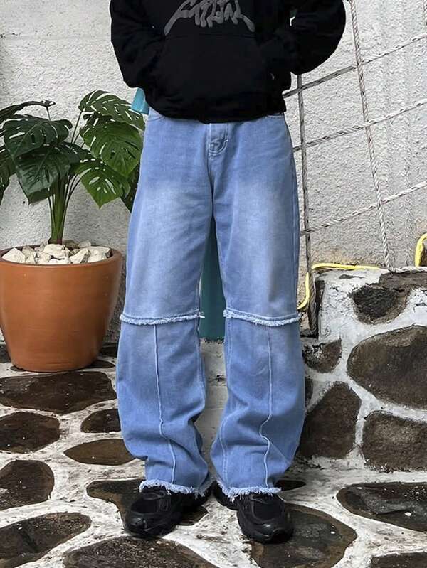 Herren Loose Wide Leg Jeans Patchwork ausgefranster Saum Lässig Street Style Jeans Hose