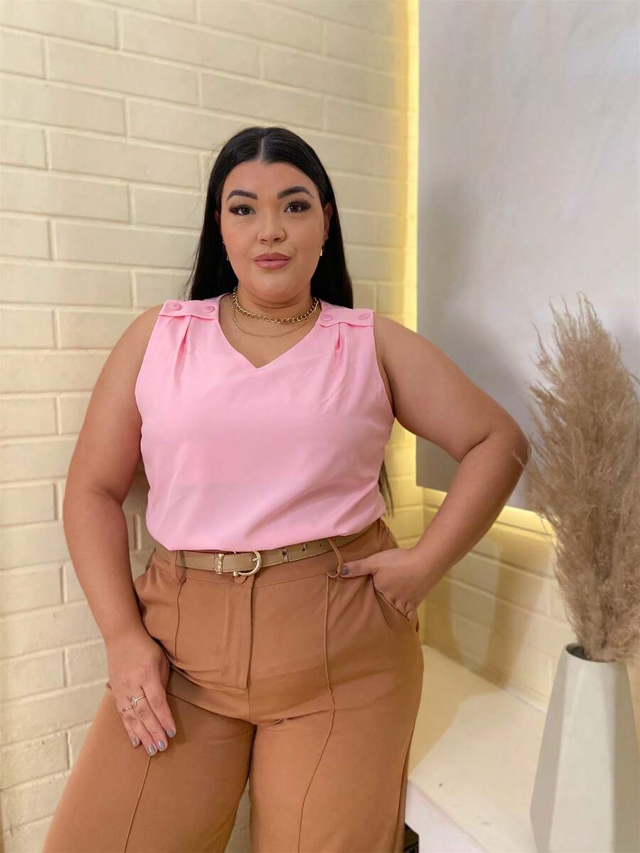 RAINBOW Plain Tank Top Sleeveless Blouse Plain Creppinho With 4 Buttons Plus Size G1G2G3 46-52 Casual Women - 62-ROSA - 查看 1