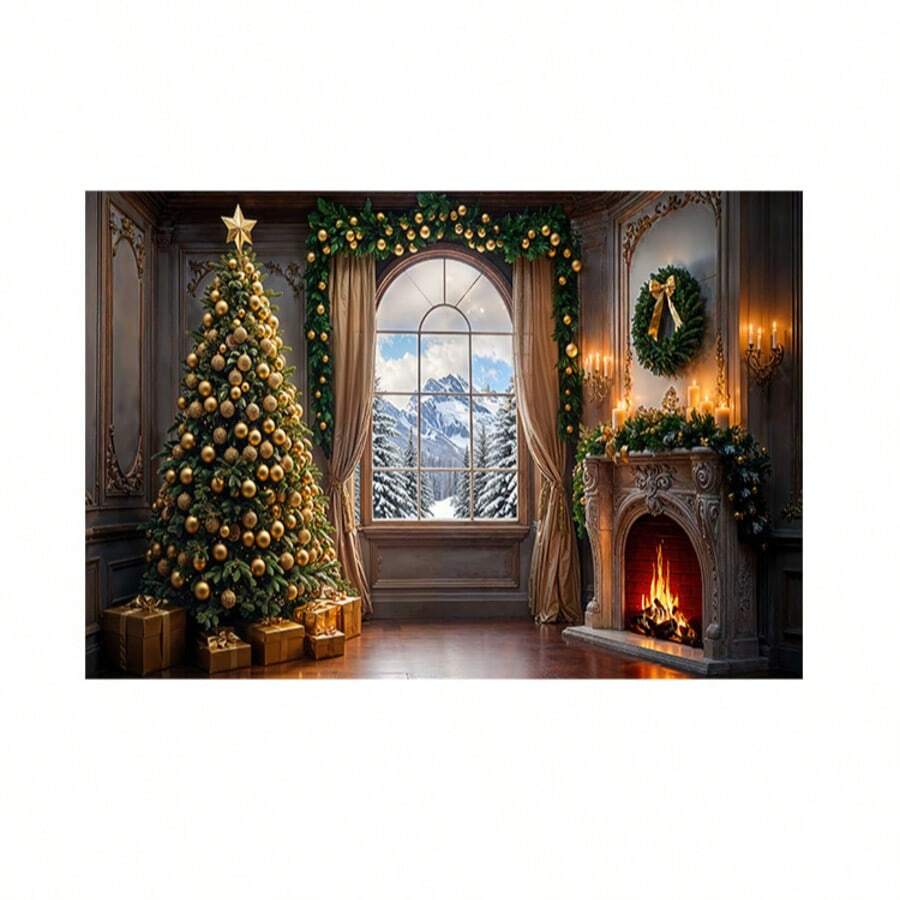 Horizontal Photographic Background For Photo Shoots Sublimated Fabric 3D Fireplace Garland Realistic Christmas Scene 2.20x1.50cm - FF-3255 - View 1
