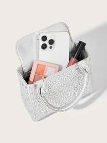 高品质奢华缎面迷你水钻装饰手拿包，优雅晚宴手提包，适合搭配正式礼服、婚礼、派对、约会和日常使用。 - 銀色 - 查看 7