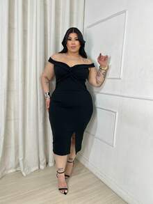 Plus Size Party Midi Dress Prom Elegant Casual Formal Wedding - Black - View 1