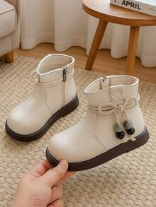 New Kids Bowknot Pendant Boots, Classic Solid Color Fashionable Western Style Girls Short Boots, School Uniform Versatile Boots, Comfortable Lining, Thick Sole, Durable, Suitable For All Seasons