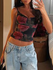 Women's Y2K Tie Dye Mesh Crop Cami Top With Lace Trim, Sheer Layering Camisole For Summer Outfits, Going Out - 玫瑰紅 - 查看 2