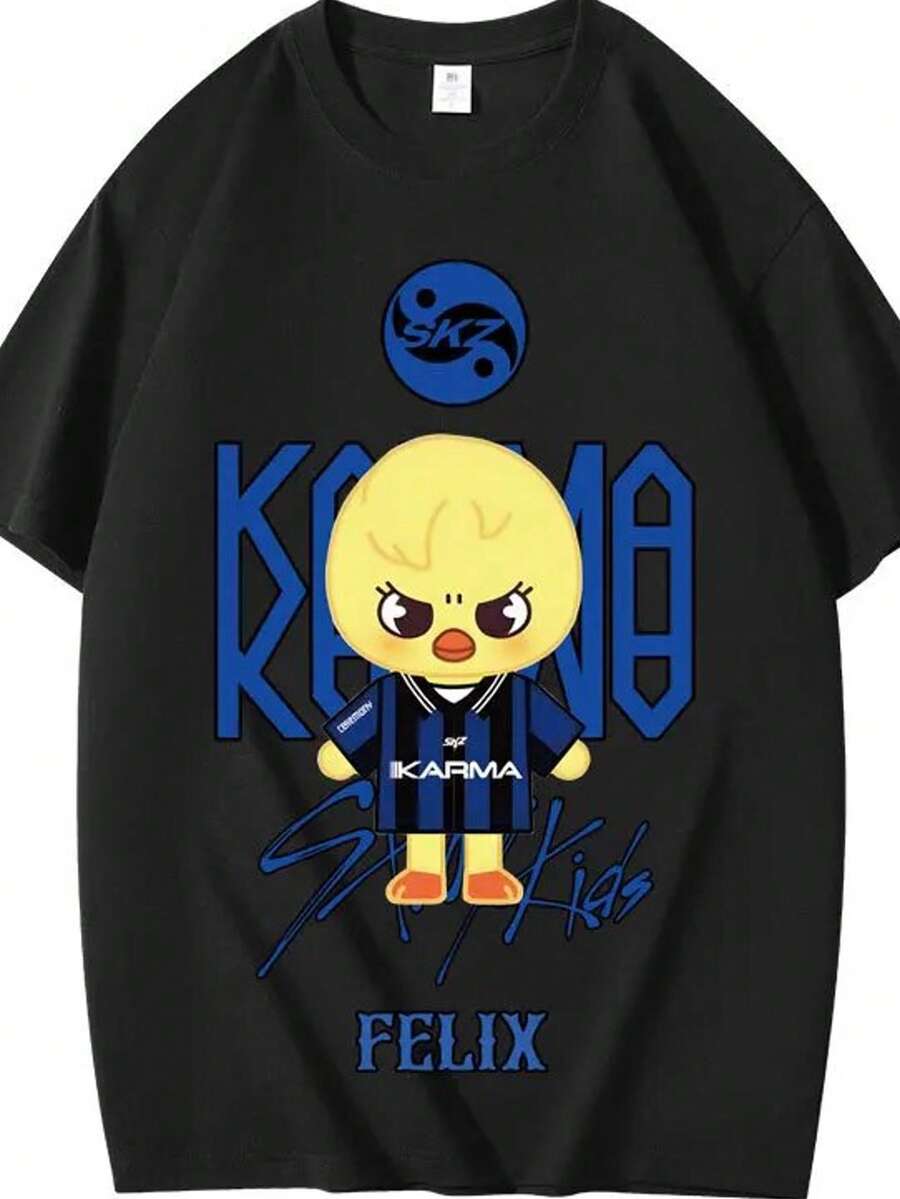 KPOP KARMA Cartoon Print Oversized T Shirt Women Korean Fashion Fans Cotton Hip Hop Tee Shirt Harajuku Tops - 黑色 - 查看 1