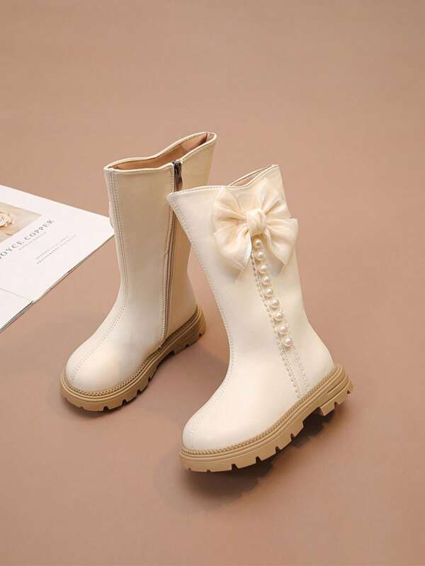 1 Par de Botas Cano Alto Elegantes e da Moda para Meninas, com Decoração de Laço de Pérola em Renda, Zíper Lateral, Sola Macia Antiderrapante, Adequado para Uso Interno, Externo, Viagem, Outono e Inverno